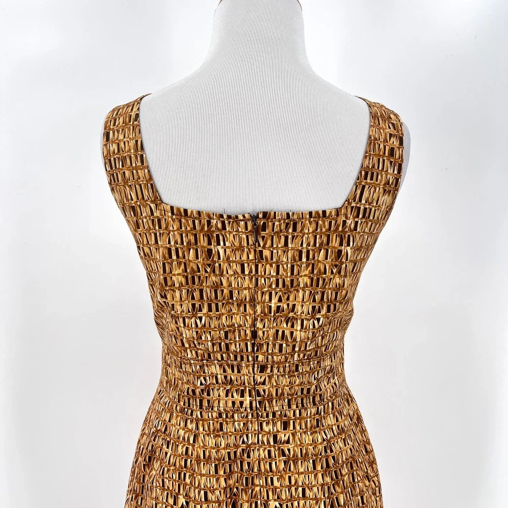 CHETTA B Vintage Dress Womens 4 Tan Brown Cotton Square Neck Sleeveless Sheath - Picture 4 of 16